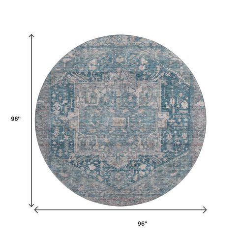 8' X 8' Blue Gray And Silver Oriental Washable Round Rug With UV Protection