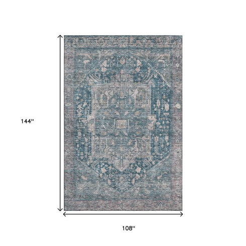 9' X 12' Blue Gray And Silver Oriental Washable Area Rug With UV Protection