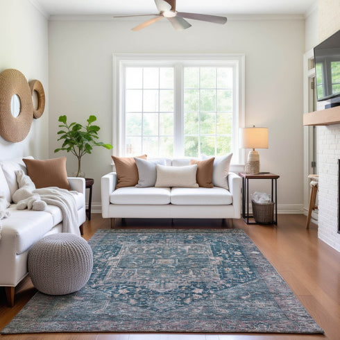 9' X 12' Blue Gray And Silver Oriental Washable Area Rug With UV Protection