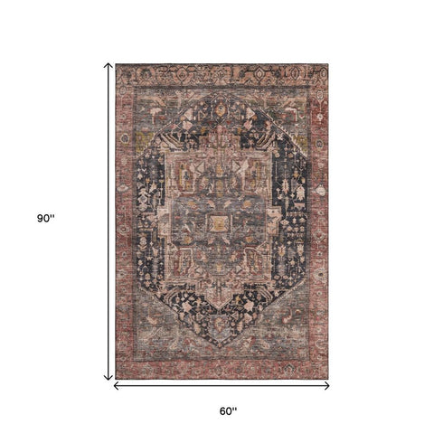 5' X 8' Charcoal Gold And Rust Oriental Washable Area Rug With UV Protection