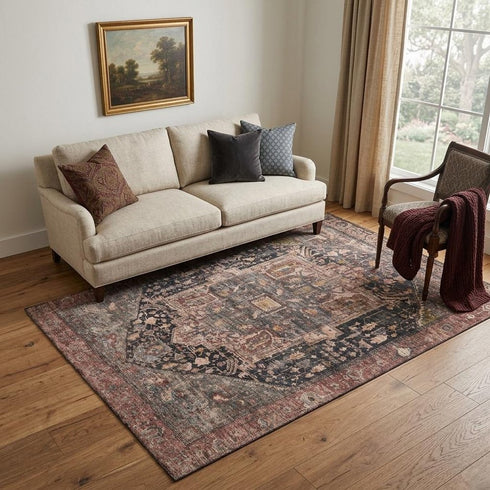 5' X 8' Charcoal Gold And Rust Oriental Washable Area Rug With UV Protection