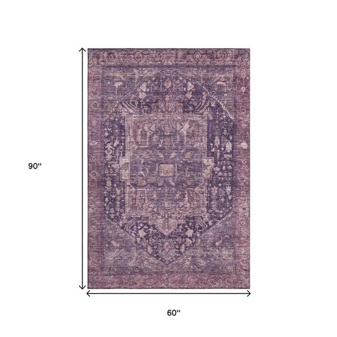 5' X 8' Eggplant Gold And Gray Oriental Washable Area Rug With UV Protection