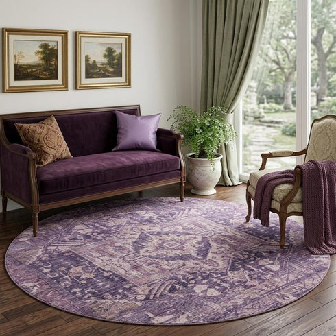 8' X 8' Eggplant Gold And Gray Oriental Washable Round Rug With UV Protection