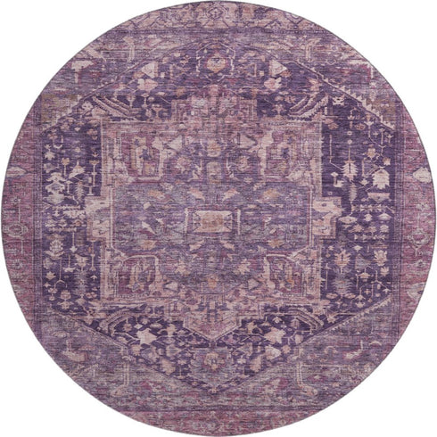 8' X 8' Eggplant Gold And Gray Oriental Washable Round Rug With UV Protection