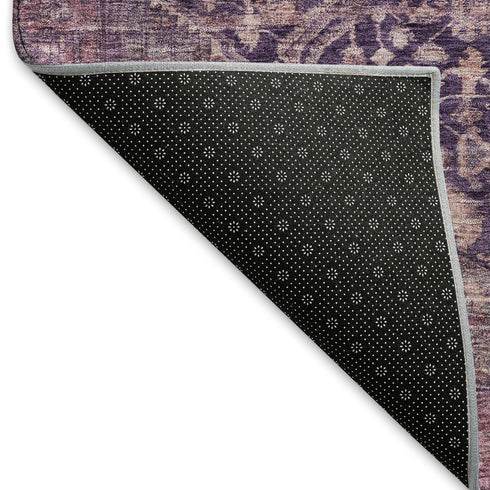 8' X 8' Eggplant Gold And Gray Oriental Washable Round Rug With UV Protection