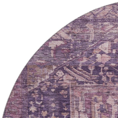 8' X 8' Eggplant Gold And Gray Oriental Washable Round Rug With UV Protection