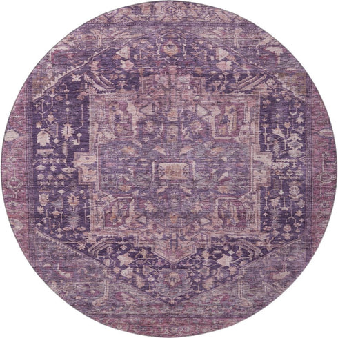 8' X 8' Eggplant Gold And Gray Oriental Washable Round Rug With UV Protection