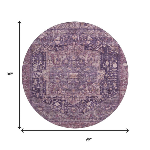 8' X 8' Eggplant Gold And Gray Oriental Washable Round Rug With UV Protection