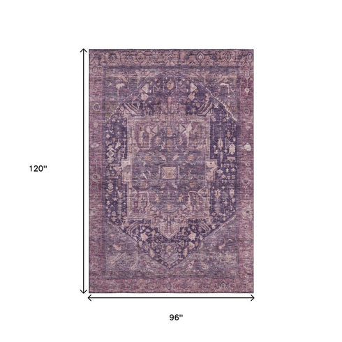 8' Eggplant Gold And Gray Oriental Washable Area Rug With UV Protection