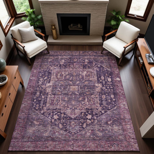 8' Eggplant Gold And Gray Oriental Washable Area Rug With UV Protection
