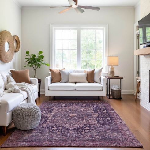 8' Eggplant Gold And Gray Oriental Washable Area Rug With UV Protection