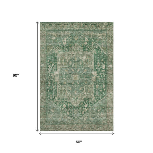 5' X 8' Emerald Ivory And Taupe Oriental Washable Area Rug With UV Protection