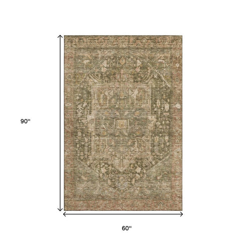 5' X 8' Fern Green Wheat And Copper Oriental Washable Area Rug With UV Protection