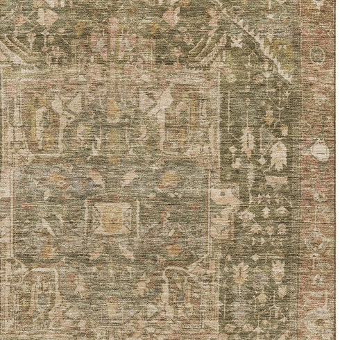 5' X 8' Fern Green Wheat And Copper Oriental Washable Area Rug With UV Protection