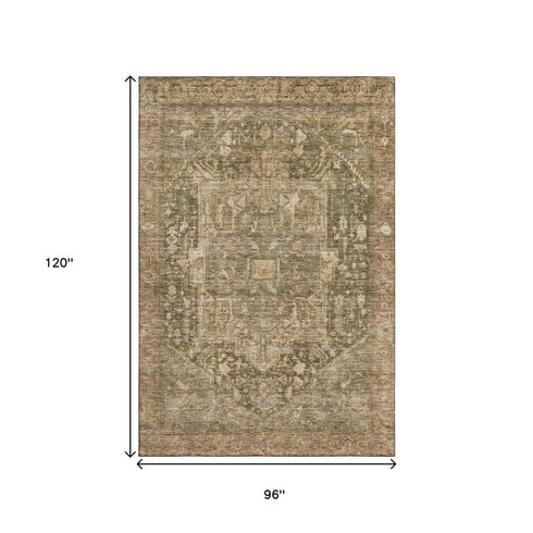 8' Fern Green Wheat And Copper Oriental Washable Area Rug With UV Protection