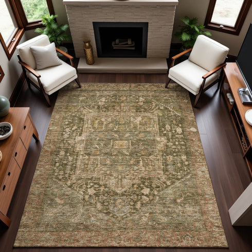 8' Fern Green Wheat And Copper Oriental Washable Area Rug With UV Protection