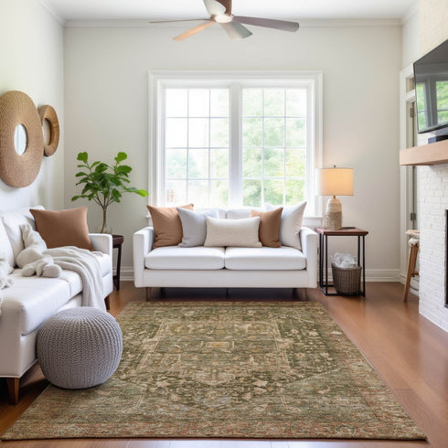 8' Fern Green Wheat And Copper Oriental Washable Area Rug With UV Protection