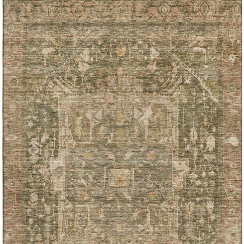 8' Fern Green Wheat And Copper Oriental Washable Area Rug With UV Protection