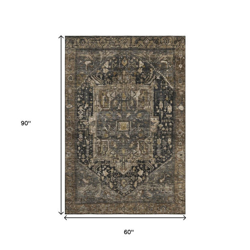 5' X 8' Chocolate Charcoal And Beige Oriental Washable Area Rug With UV Protection