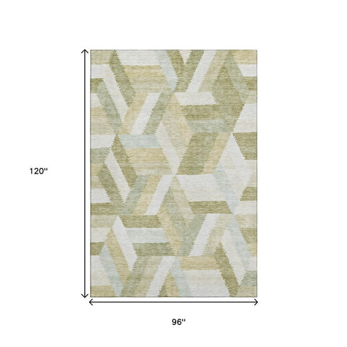8' Artichoke Green Ivory And Wheat Geometric Washable Area Rug With UV Protection
