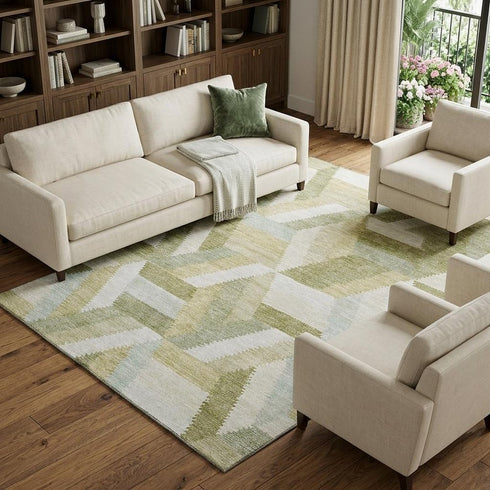 8' Artichoke Green Ivory And Wheat Geometric Washable Area Rug With UV Protection