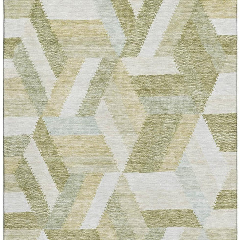8' Artichoke Green Ivory And Wheat Geometric Washable Area Rug With UV Protection