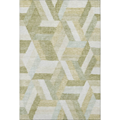 8' Artichoke Green Ivory And Wheat Geometric Washable Area Rug With UV Protection