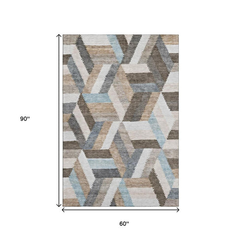 5' X 8' Brown Ivory And Gray Geometric Washable Area Rug With UV Protection