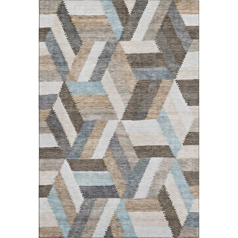 5' X 8' Brown Ivory And Gray Geometric Washable Area Rug With UV Protection