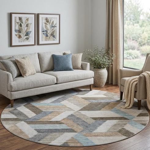 8' X 8' Brown Ivory And Gray Geometric Washable Round Rug With UV Protection