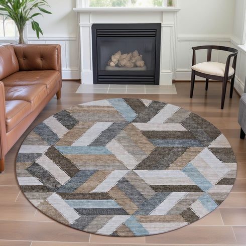 8' X 8' Brown Ivory And Gray Geometric Washable Round Rug With UV Protection