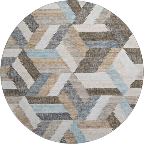 8' X 8' Brown Ivory And Gray Geometric Washable Round Rug With UV Protection