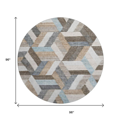 8' X 8' Brown Ivory And Gray Geometric Washable Round Rug With UV Protection