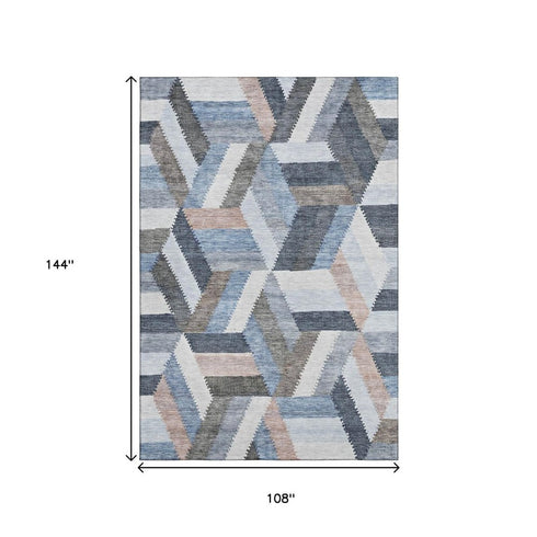 9' X 12' Blue Silver And Gray Geometric Washable Area Rug With UV Protection