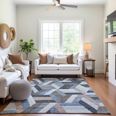 9' X 12' Blue Silver And Gray Geometric Washable Area Rug With UV Protection