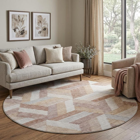 8' X 8' Copper Ivory And Gray Geometric Washable Round Rug With UV Protection