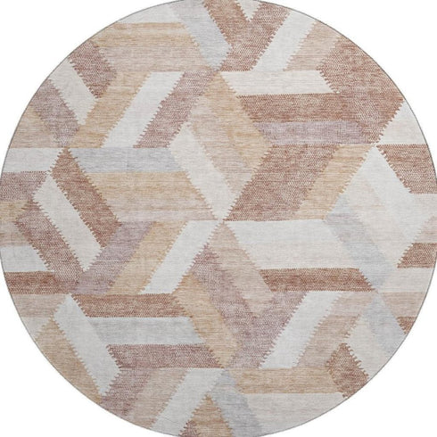 8' X 8' Copper Ivory And Gray Geometric Washable Round Rug With UV Protection
