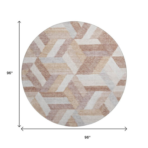 8' X 8' Copper Ivory And Gray Geometric Washable Round Rug With UV Protection
