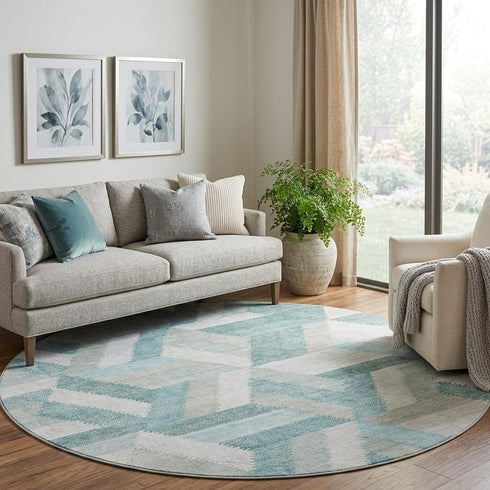 8' X 8' Teal Ivory And Gray Geometric Washable Round Rug With UV Protection