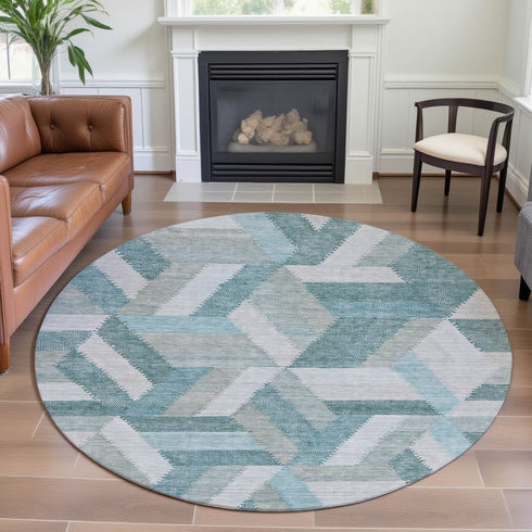 8' X 8' Teal Ivory And Gray Geometric Washable Round Rug With UV Protection