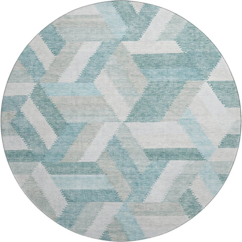 8' X 8' Teal Ivory And Gray Geometric Washable Round Rug With UV Protection