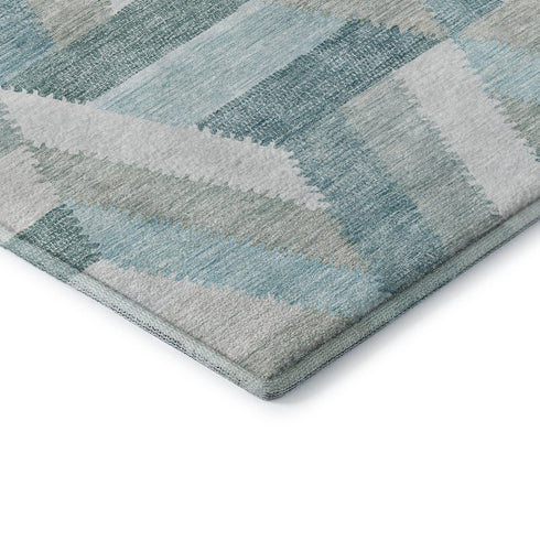 8' X 8' Teal Ivory And Gray Geometric Washable Round Rug With UV Protection