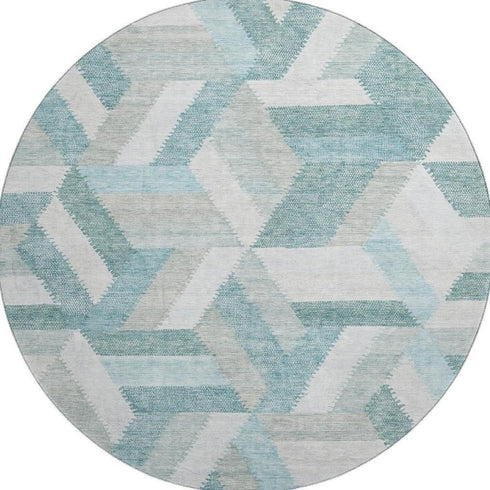 8' X 8' Teal Ivory And Gray Geometric Washable Round Rug With UV Protection