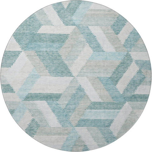 8' X 8' Teal Ivory And Gray Geometric Washable Round Rug With UV Protection