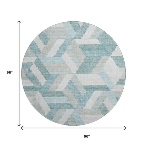 8' X 8' Teal Ivory And Gray Geometric Washable Round Rug With UV Protection