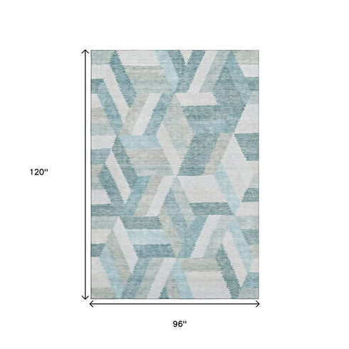 8' Teal Ivory And Gray Geometric Washable Area Rug With UV Protection