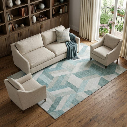 8' Teal Ivory And Gray Geometric Washable Area Rug With UV Protection