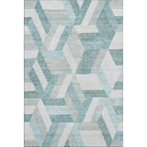 8' Teal Ivory And Gray Geometric Washable Area Rug With UV Protection
