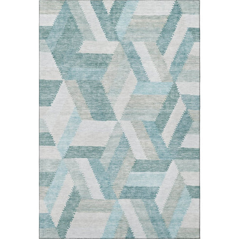 8' Teal Ivory And Gray Geometric Washable Area Rug With UV Protection
