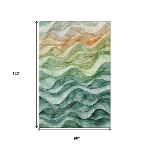 8' Teal Peach And Lime Green Abstract Washable Area Rug With UV Protection